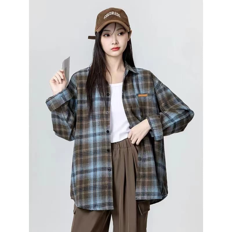 조수 브랜드 더블 색상 연삭 털 격자 무늬 셔츠 남녀 가을 레트로 아메리칸 루즈핏 긴팔 셔츠 커플 재킷 상세 이미지 3