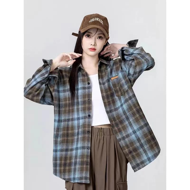 조수 브랜드 더블 색상 연삭 털 격자 무늬 셔츠 남녀 가을 레트로 아메리칸 루즈핏 긴팔 셔츠 커플 재킷 상세 이미지 4