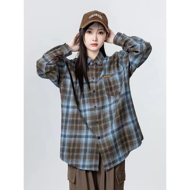 조수 브랜드 더블 색상 연삭 털 격자 무늬 셔츠 남녀 가을 레트로 아메리칸 루즈핏 긴팔 셔츠 커플 재킷 상세 이미지 5