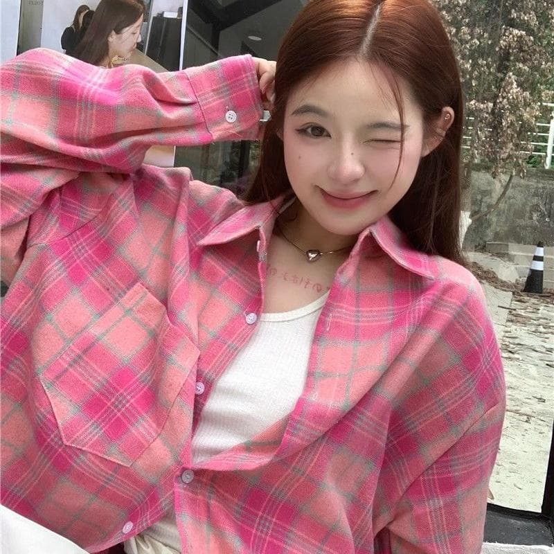 항구 바람 chic 슈퍼 잘 생긴 긴팔 체크무늬 여성 셔츠 봄 가을 얇은 스타일 루즈핏 품격 캐주얼 다용도 한국 스타일 오픈 가디건 이미지 5