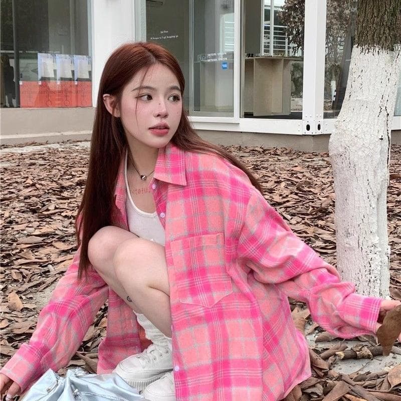 항구 바람 chic 슈퍼 잘 생긴 긴팔 체크무늬 여성 셔츠 봄 가을 얇은 스타일 루즈핏 품격 캐주얼 다용도 한국 스타일 오픈 가디건 이미지 2