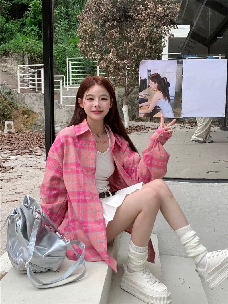 항구 바람 chic 슈퍼 잘 생긴 긴팔 체크무늬 여성 셔츠 봄 가을 얇은 스타일 루즈핏 품격 캐주얼 다용도 한국 스타일 오픈 가디건 상세 이미지 3