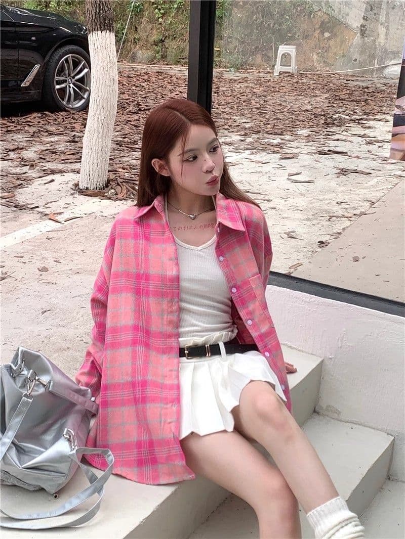 항구 바람 chic 슈퍼 잘 생긴 긴팔 체크무늬 여성 셔츠 봄 가을 얇은 스타일 루즈핏 품격 캐주얼 다용도 한국 스타일 오픈 가디건 상세 이미지 4