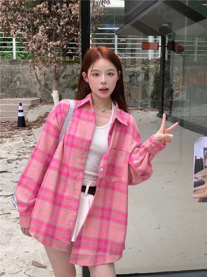 항구 바람 chic 슈퍼 잘 생긴 긴팔 체크무늬 여성 셔츠 봄 가을 얇은 스타일 루즈핏 품격 캐주얼 다용도 한국 스타일 오픈 가디건 상세 이미지 6