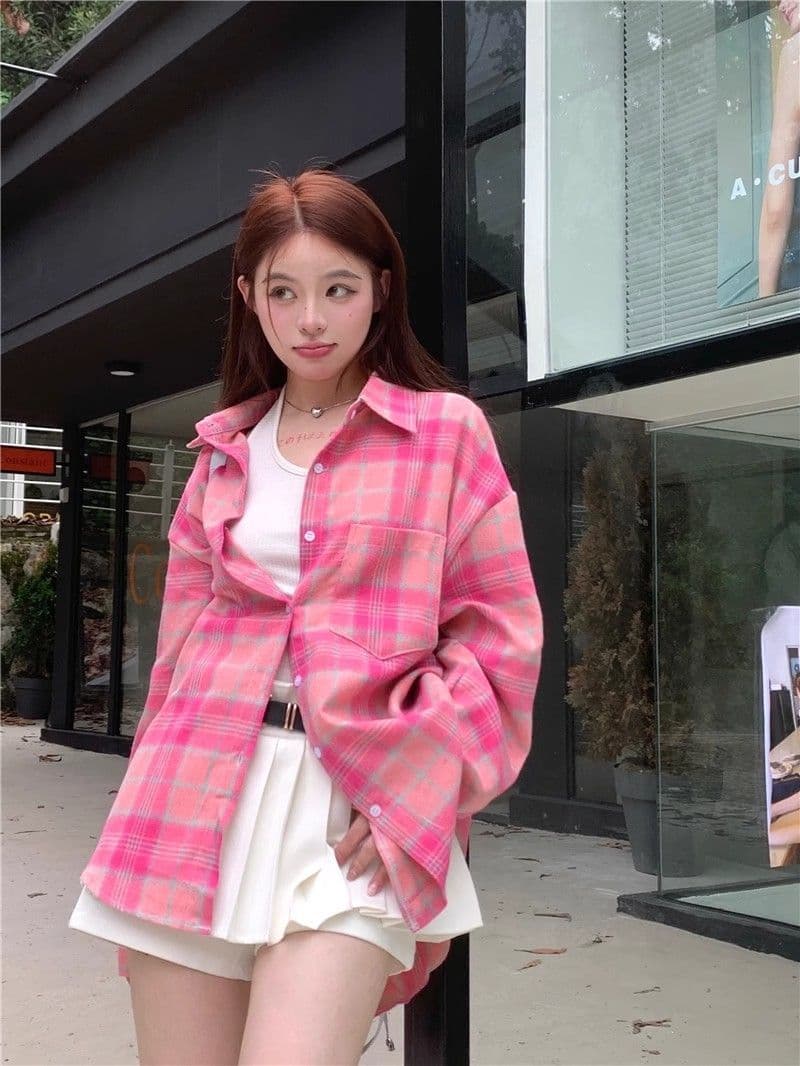 항구 바람 chic 슈퍼 잘 생긴 긴팔 체크무늬 여성 셔츠 봄 가을 얇은 스타일 루즈핏 품격 캐주얼 다용도 한국 스타일 오픈 가디건 상세 이미지 8