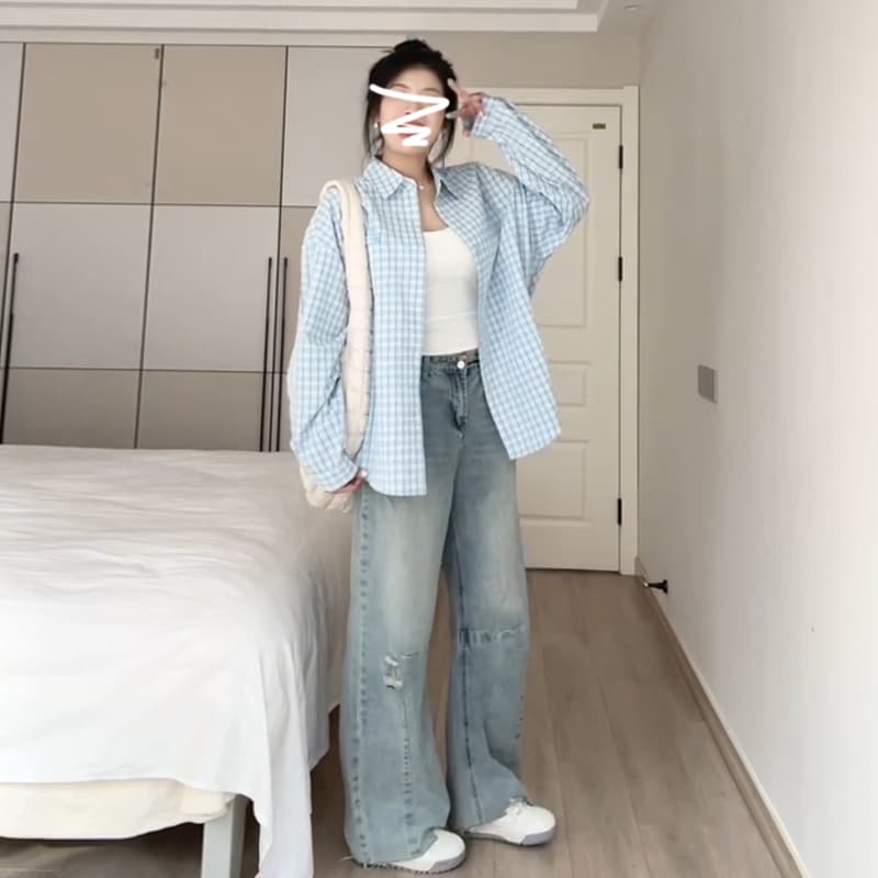파란색 격자 무늬 셔츠 여성 셔츠 조기 가을 2026 년 새로운 프랑스식 고유 한 슈퍼 잘 생긴 셔츠 재킷 봄 가을 상세 이미지 3