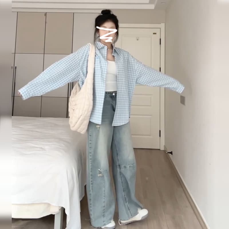 파란색 격자 무늬 셔츠 여성 셔츠 조기 가을 2026 년 새로운 프랑스식 고유 한 슈퍼 잘 생긴 셔츠 재킷 봄 가을 상세 이미지 4
