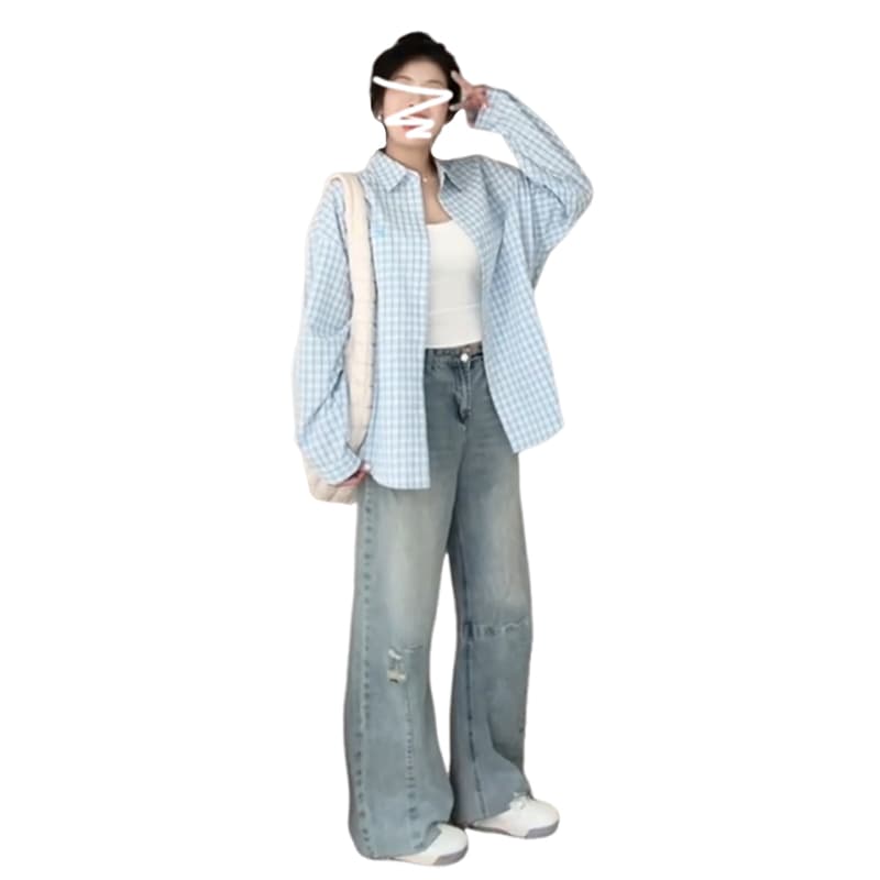 파란색 격자 무늬 셔츠 여성 셔츠 조기 가을 2026 년 새로운 프랑스식 고유 한 슈퍼 잘 생긴 셔츠 재킷 봄 가을 상세 이미지 5