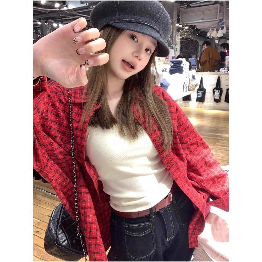 빨간색 체크무늬 셔츠 여성 코트 여름 루즈핏 캐주얼 셔츠 ins 레트로 항구 바람 긴팔 자외선 차단 맨위 상세 이미지 1