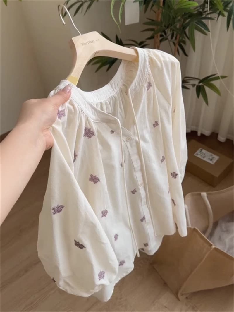 프랑스식 라운드 넥 전원 바람 꽃 레이스업 여성 셔츠 봄 가을 새로운 루즈핏 슬림해 보이는 셔츠 다용도 맨위 상세 이미지 3