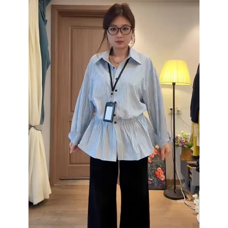 파란색 긴팔 스트라이프 셔츠 이른 가을 여성 의류 2026 새로운 허리 수축 셔츠 한 부서 chic Chic 작은 셔츠 맨위 상세 이미지 3