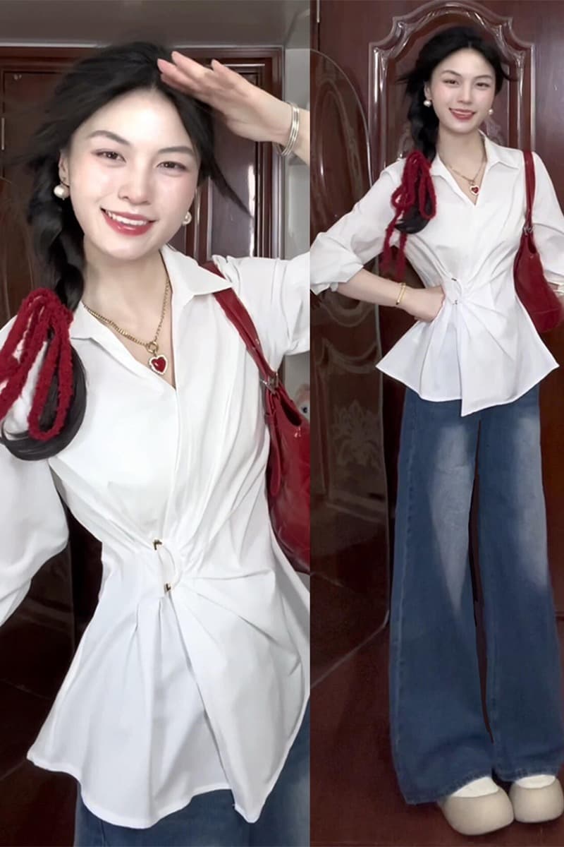 새로운 품격 출퇴근 V넥 화이트 여성 셔츠 가을 셔츠 디자인 센스 허리 수축 맨위 상세 이미지 1