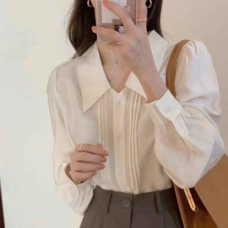프랑스식 폴로 칼라 도루 센스 화이트 여성 셔츠 디자인 센스 작은 대중 루즈핏 맨위 품격 레트로 거품 소매 셔츠 얇은 스타일 상세 이미지 1