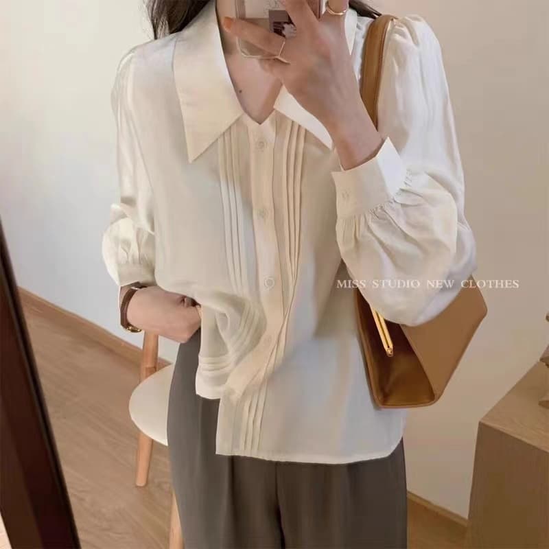 프랑스식 폴로 칼라 도루 센스 화이트 여성 셔츠 디자인 센스 작은 대중 루즈핏 맨위 품격 레트로 거품 소매 셔츠 얇은 스타일 상세 이미지 2