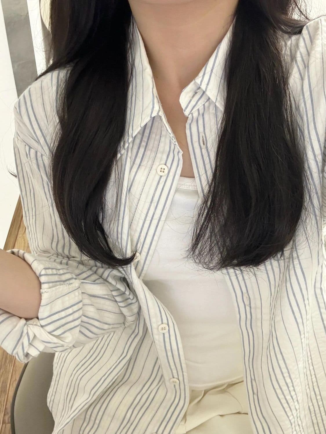 스트라이프 셔틀 제직 프랑스식 POLO 칼라 스트라이프 셔츠 디자인 센스 작은 대중 맨위 한 부서 스타일 셔츠 여성 상세 이미지 1