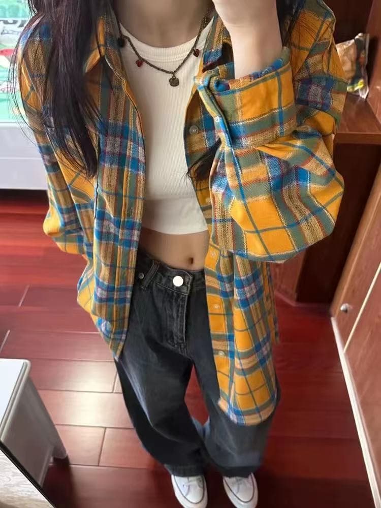 가을 새로운 황색 체크무늬 여성 셔츠 외부 가져 가라. 루즈핏 ins 아메리칸 레트로 작은 대중 작은 외투 트렌디