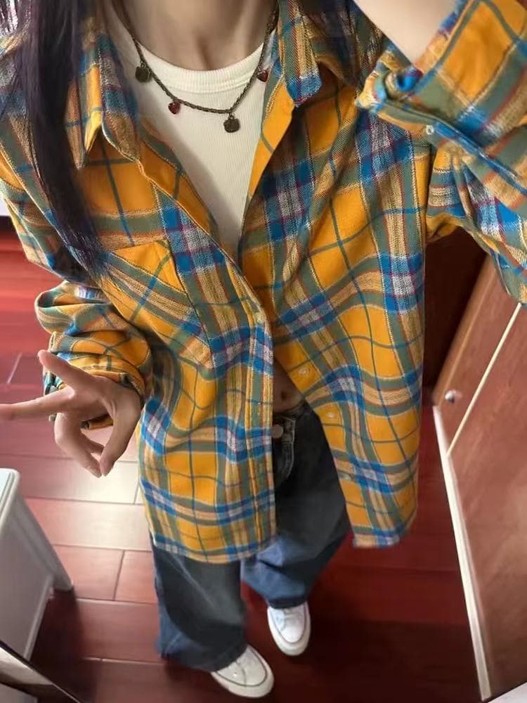 가을 새로운 황색 체크무늬 여성 셔츠 외부 가져 가라. 루즈핏 ins 아메리칸 레트로 작은 대중 작은 외투 트렌디 이미지 2