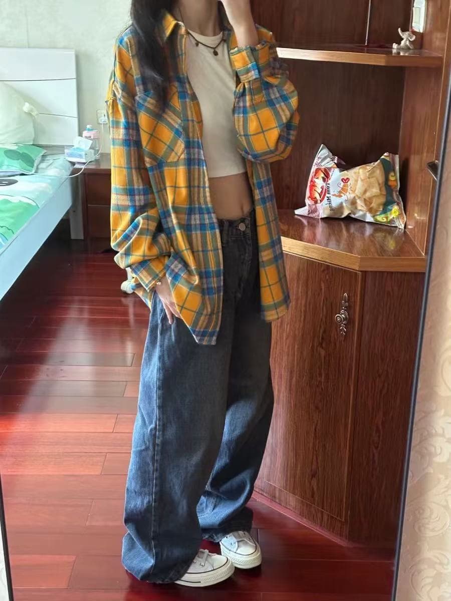 가을 새로운 황색 체크무늬 여성 셔츠 외부 가져 가라. 루즈핏 ins 아메리칸 레트로 작은 대중 작은 외투 트렌디 상세 이미지 3