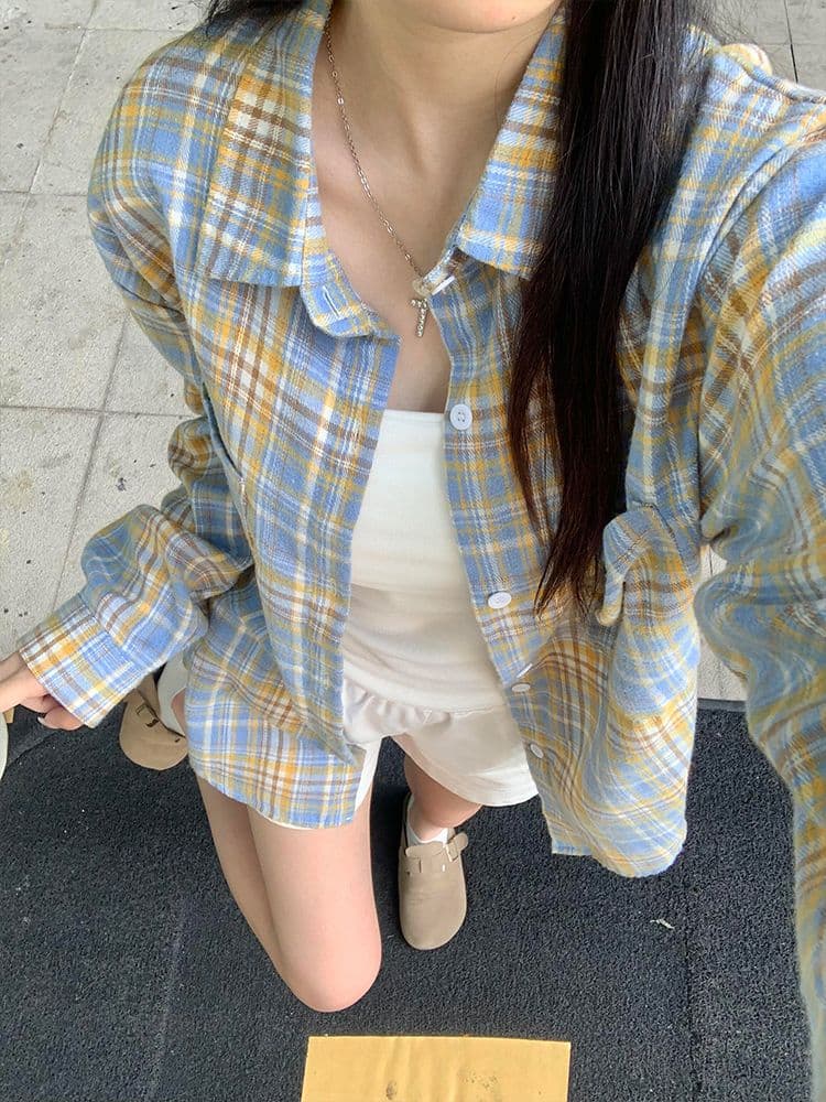 원본 것 두 주머니 도파민 달콤함 우유 황색 순면 체크무늬 여성 셔츠