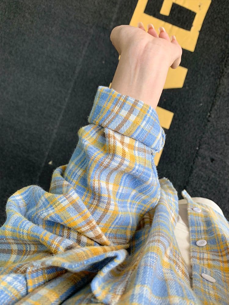 원본 것 두 주머니 도파민 달콤함 우유 황색 순면 체크무늬 여성 셔츠 이미지 4