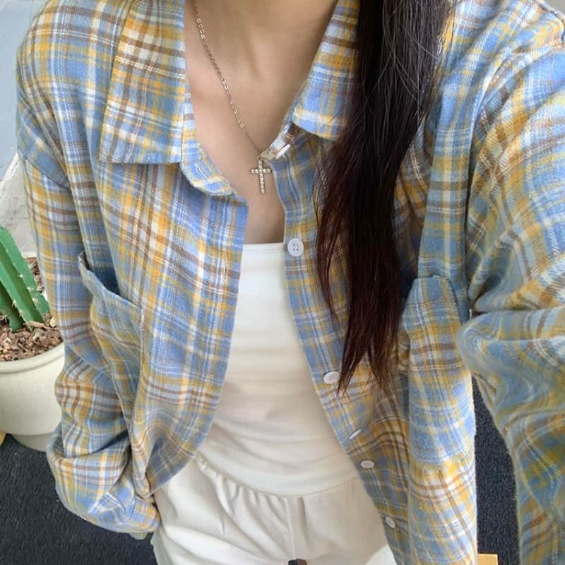 원본 것 두 주머니 도파민 달콤함 우유 황색 순면 체크무늬 여성 셔츠 이미지 3