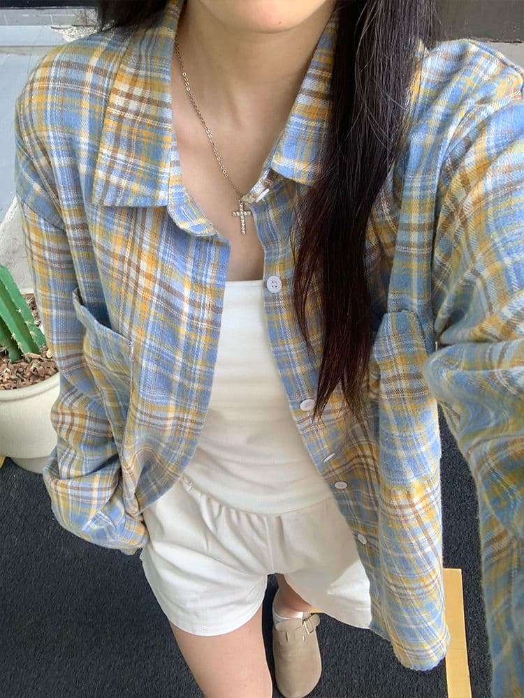 원본 것 두 주머니 도파민 달콤함 우유 황색 순면 체크무늬 여성 셔츠 상세 이미지 3