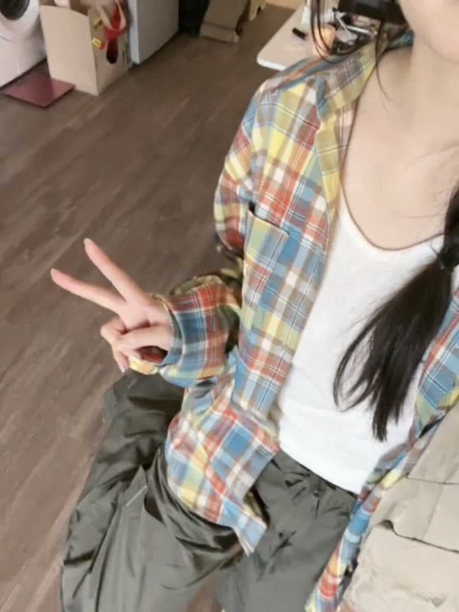일본식 레트로 도파민 색상 격자 무늬 셔츠 여성 코트 봄 가을 얇은 스타일 느긋한 바람 소년 센스 셔츠 상세 이미지 1