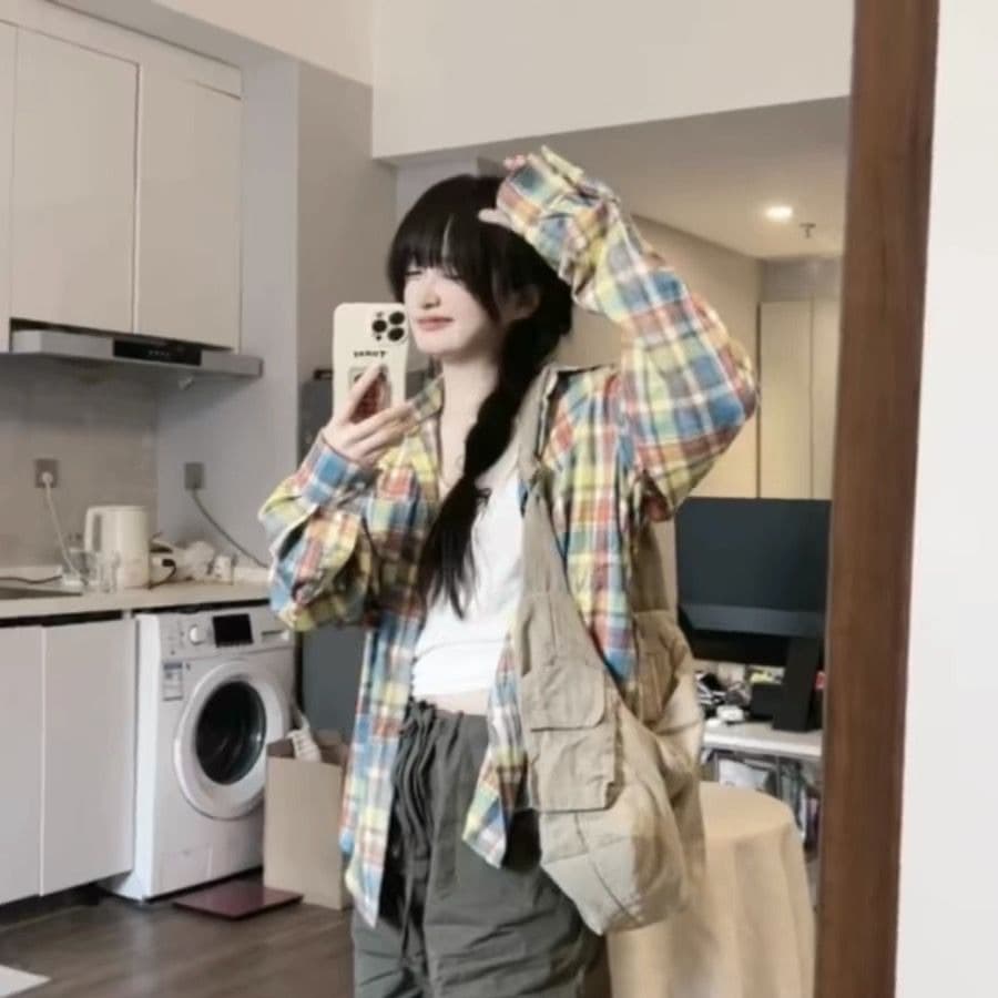 일본식 레트로 도파민 색상 격자 무늬 셔츠 여성 코트 봄 가을 얇은 스타일 느긋한 바람 소년 센스 셔츠 이미지 5