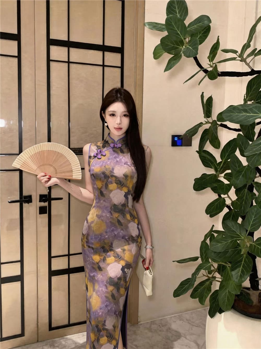 실사 패션 새로운 중식 망사 프린트 트임 치파오 드레스 이미지 2