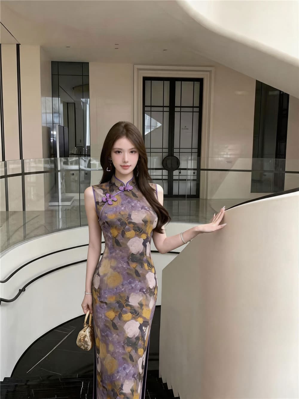 실사 패션 새로운 중식 망사 프린트 트임 치파오 드레스 상세 이미지 3