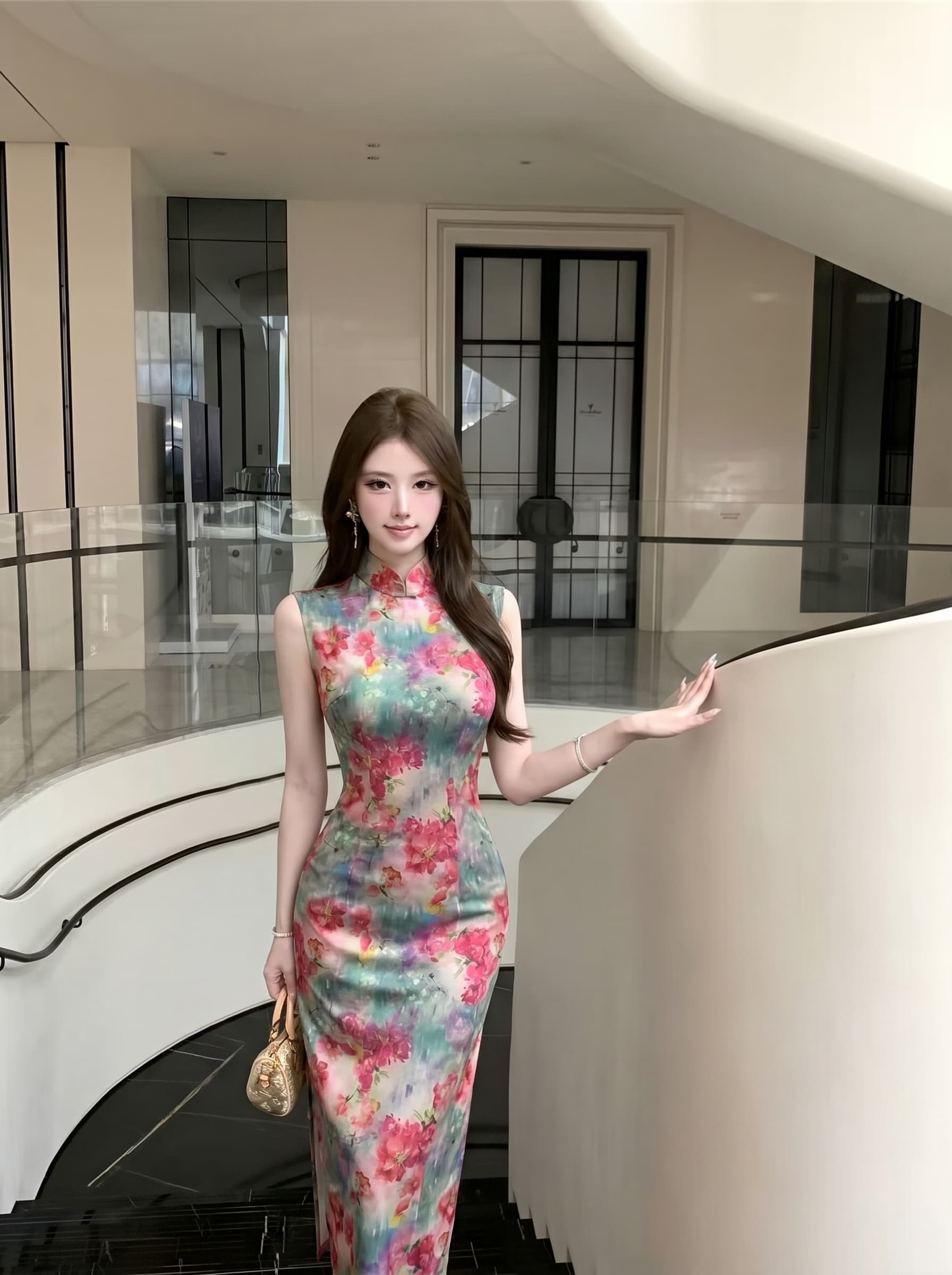 실사 패션 새로운 중식 레트로 망사 프린트 치파오 드레스 상세 이미지 1