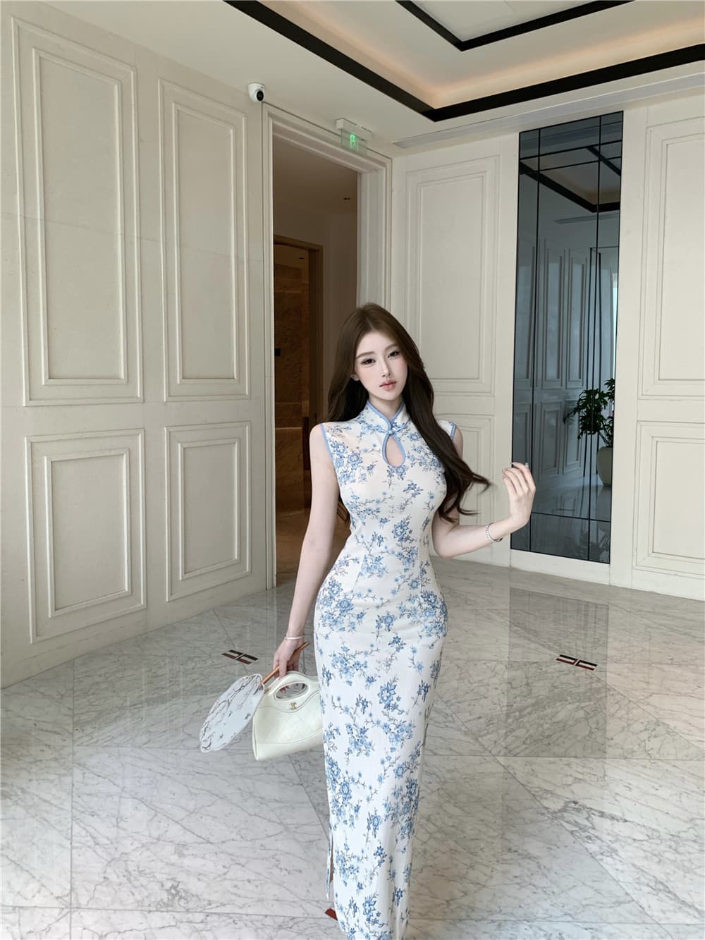 실사 새로운 중식 물방울 칼라 작은 꽃무늬 트임 치파오 드레스 상세 이미지 1