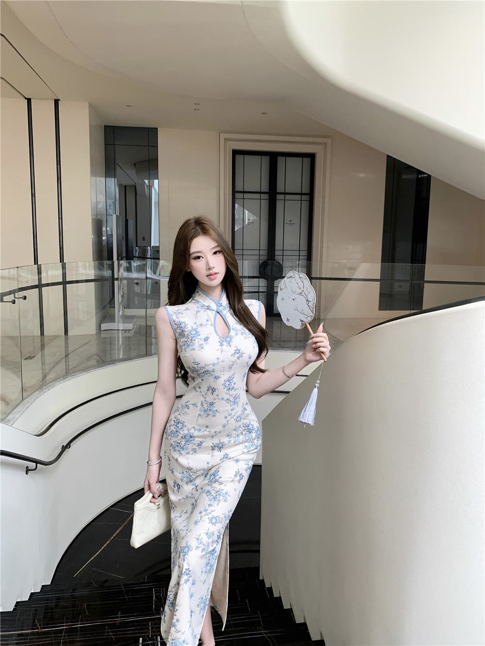실사 새로운 중식 물방울 칼라 작은 꽃무늬 트임 치파오 드레스 상세 이미지 4