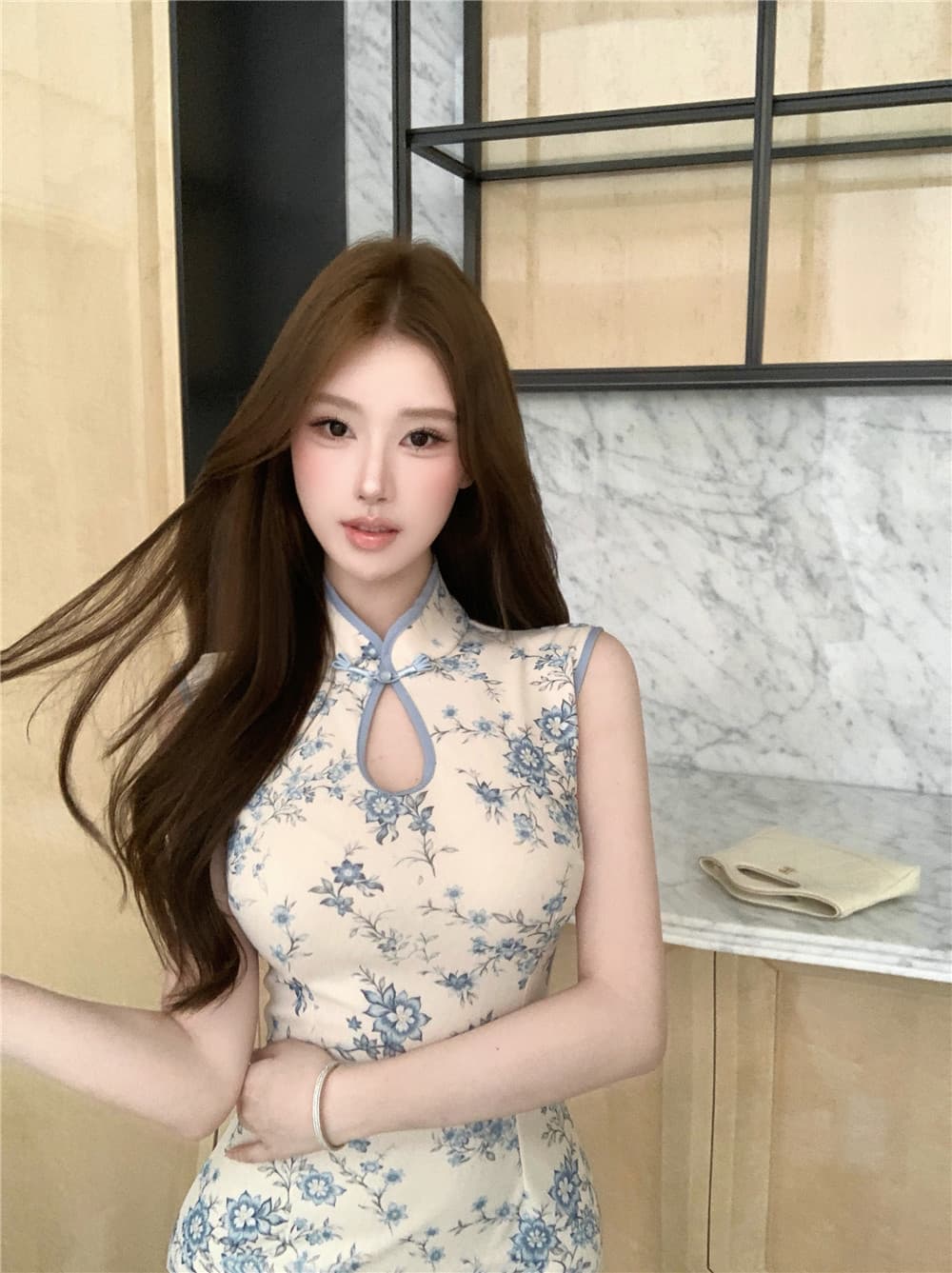 실사 새로운 중식 물방울 칼라 작은 꽃무늬 트임 치파오 드레스 상세 이미지 11