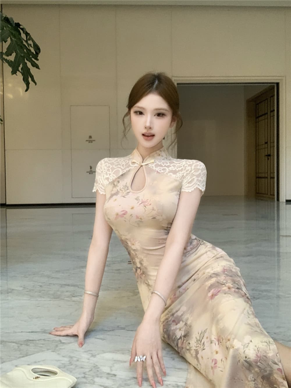 실사 섹시함 레이스 조각 망사 프린트 트임 타이트 스커트 드레스 상세 이미지 2