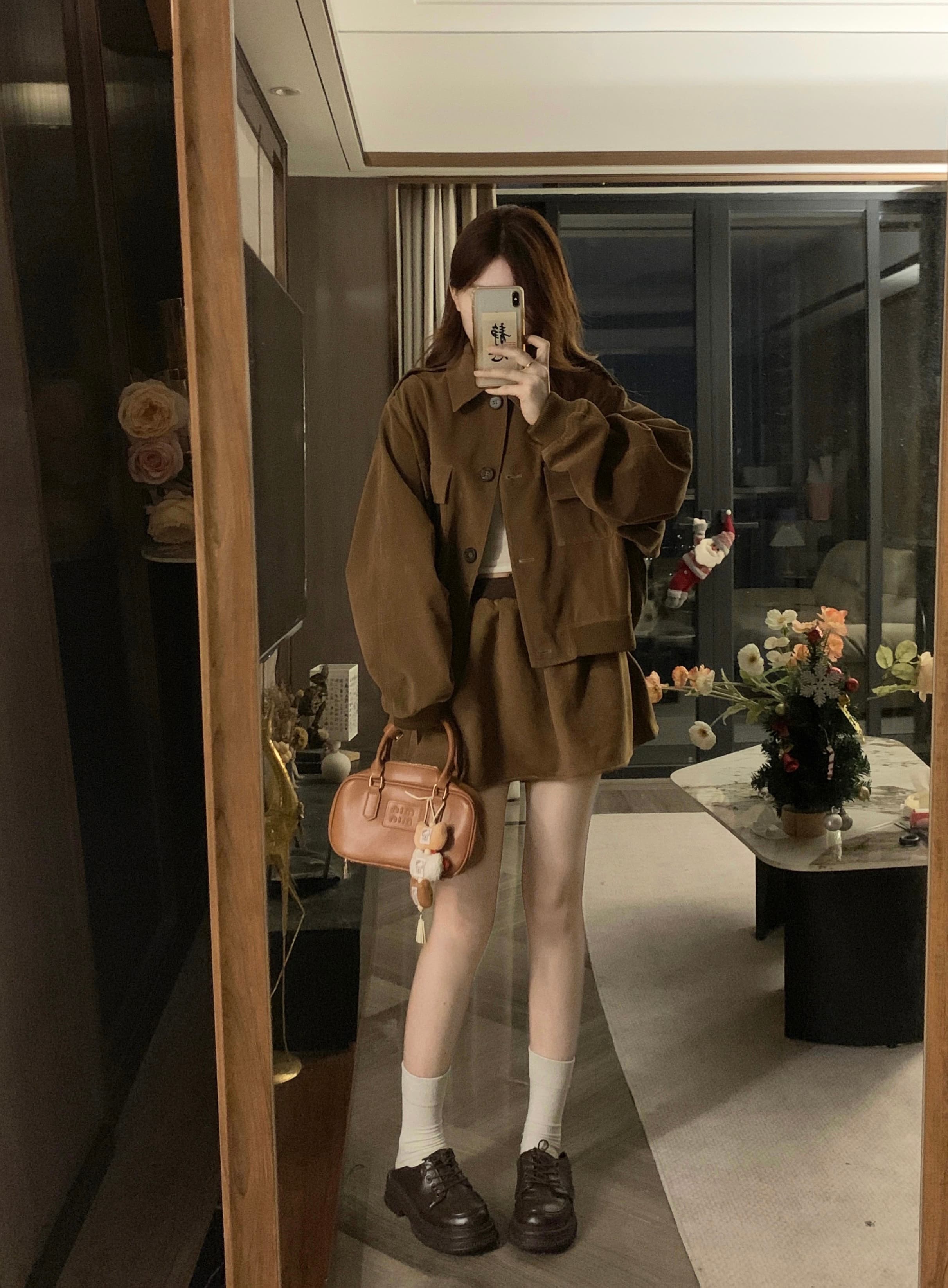 실사 빅 사이즈 레트로 브라운 오래된 돈 바람 아름다움 라드. 폴로 칼라 재킷 반신 스커트 투피스 세트 상세 이미지 1