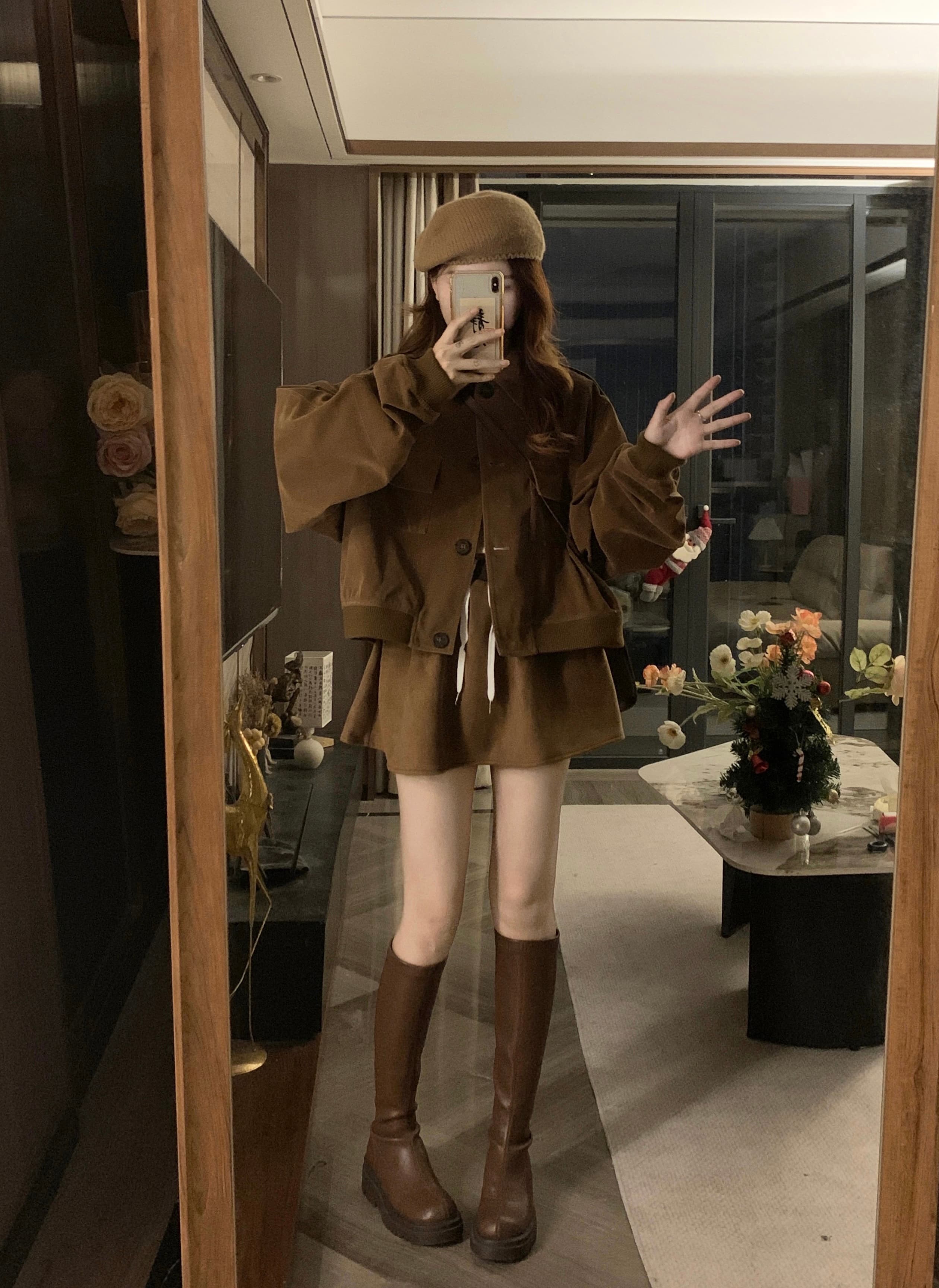 실사 빅 사이즈 레트로 브라운 오래된 돈 바람 아름다움 라드. 폴로 칼라 재킷 반신 스커트 투피스 세트 상세 이미지 4