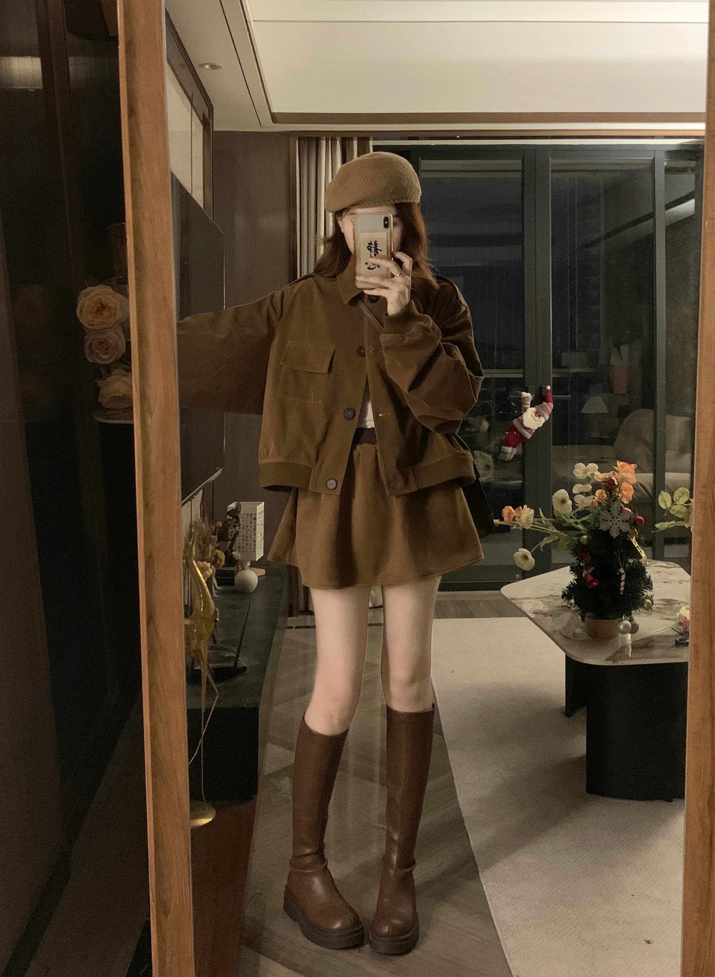 실사 빅 사이즈 레트로 브라운 오래된 돈 바람 아름다움 라드. 폴로 칼라 재킷 반신 스커트 투피스 세트 상세 이미지 6