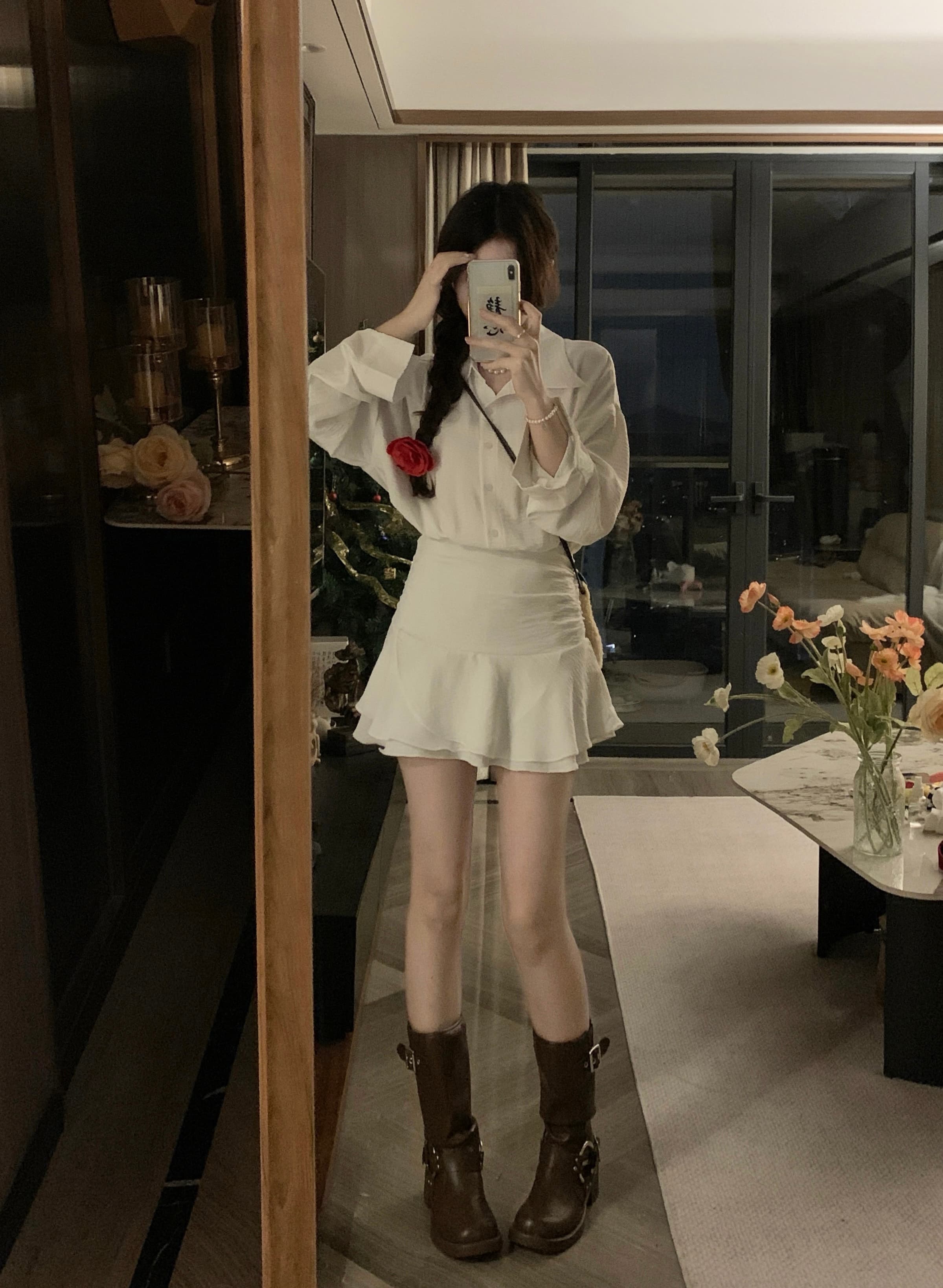 실사 빅 사이즈 chichen 아침 妍 가을의 날 오리엔테이션 저격수 페이크 레이어드 품격 셔츠 드레스 이미지 4