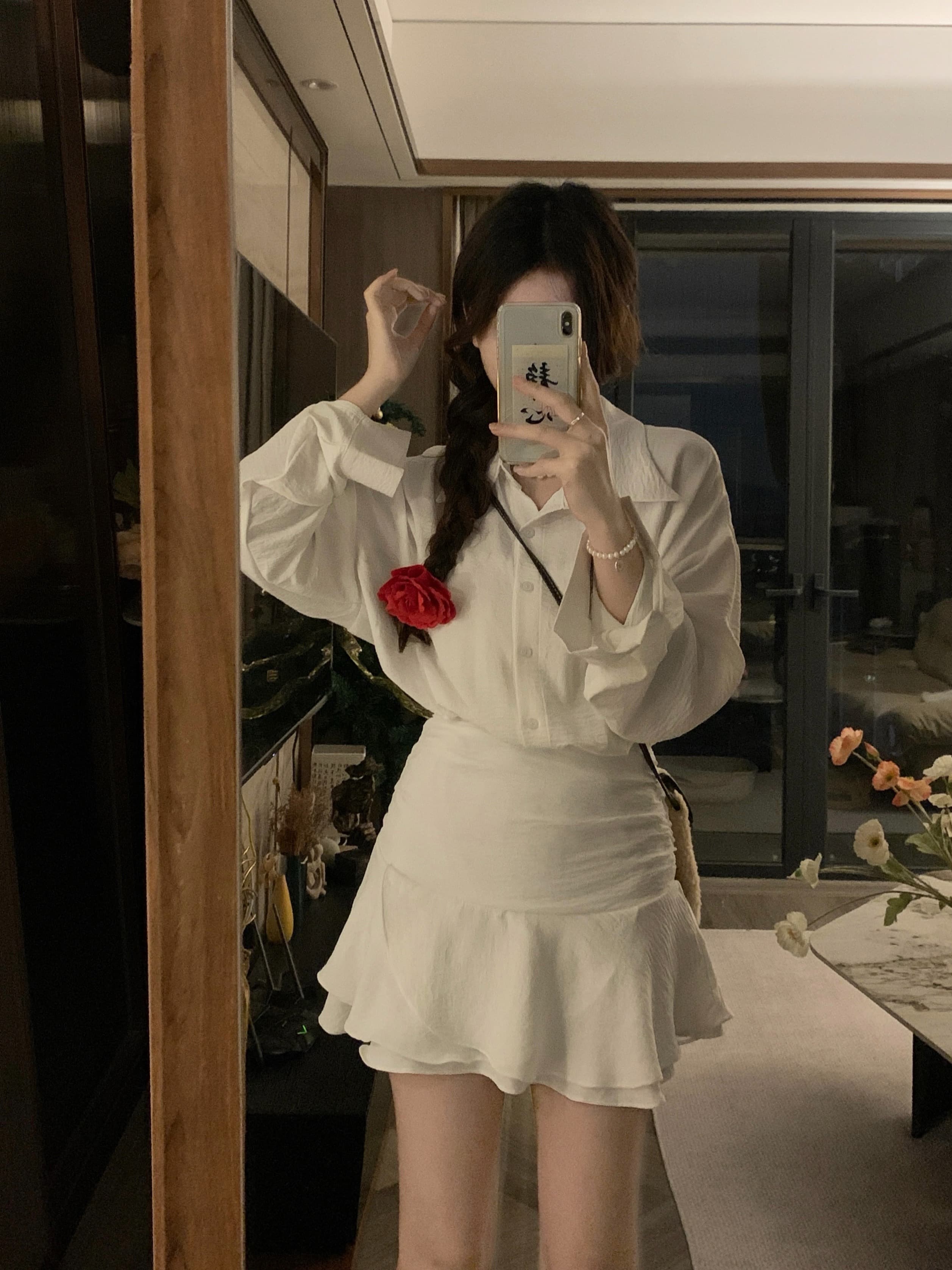 실사 빅 사이즈 chichen 아침 妍 가을의 날 오리엔테이션 저격수 페이크 레이어드 품격 셔츠 드레스 이미지 3
