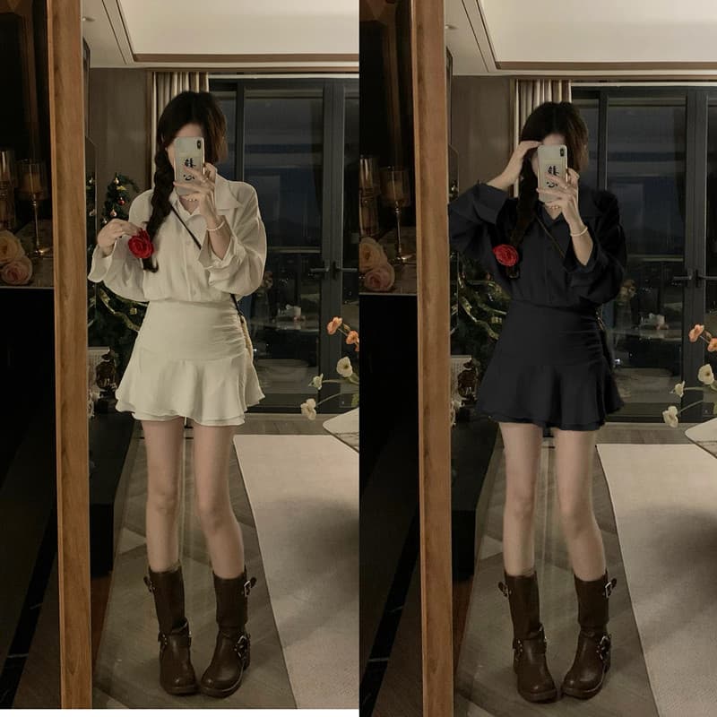 실사 빅 사이즈 chichen 아침 妍 가을의 날 오리엔테이션 저격수 페이크 레이어드 품격 셔츠 드레스