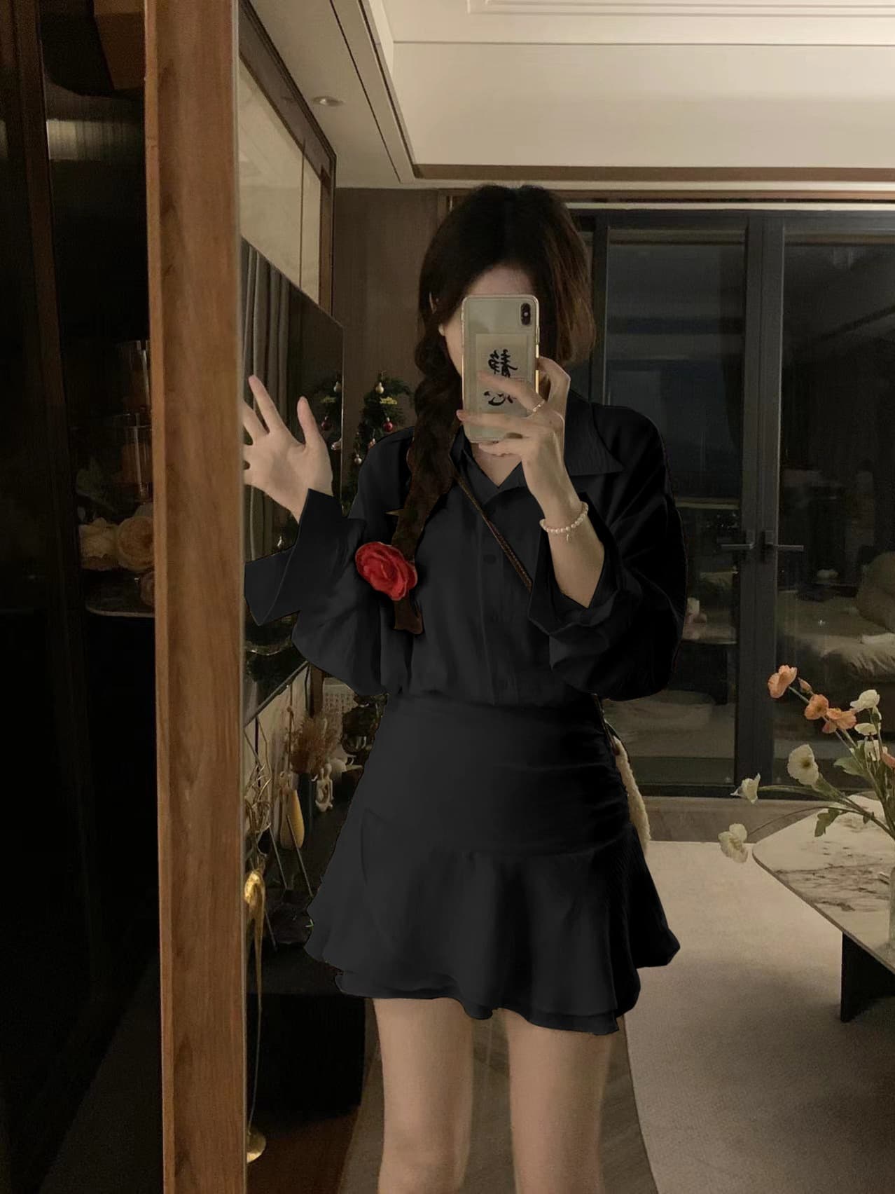 실사 빅 사이즈 chichen 아침 妍 가을의 날 오리엔테이션 저격수 페이크 레이어드 품격 셔츠 드레스 이미지 2