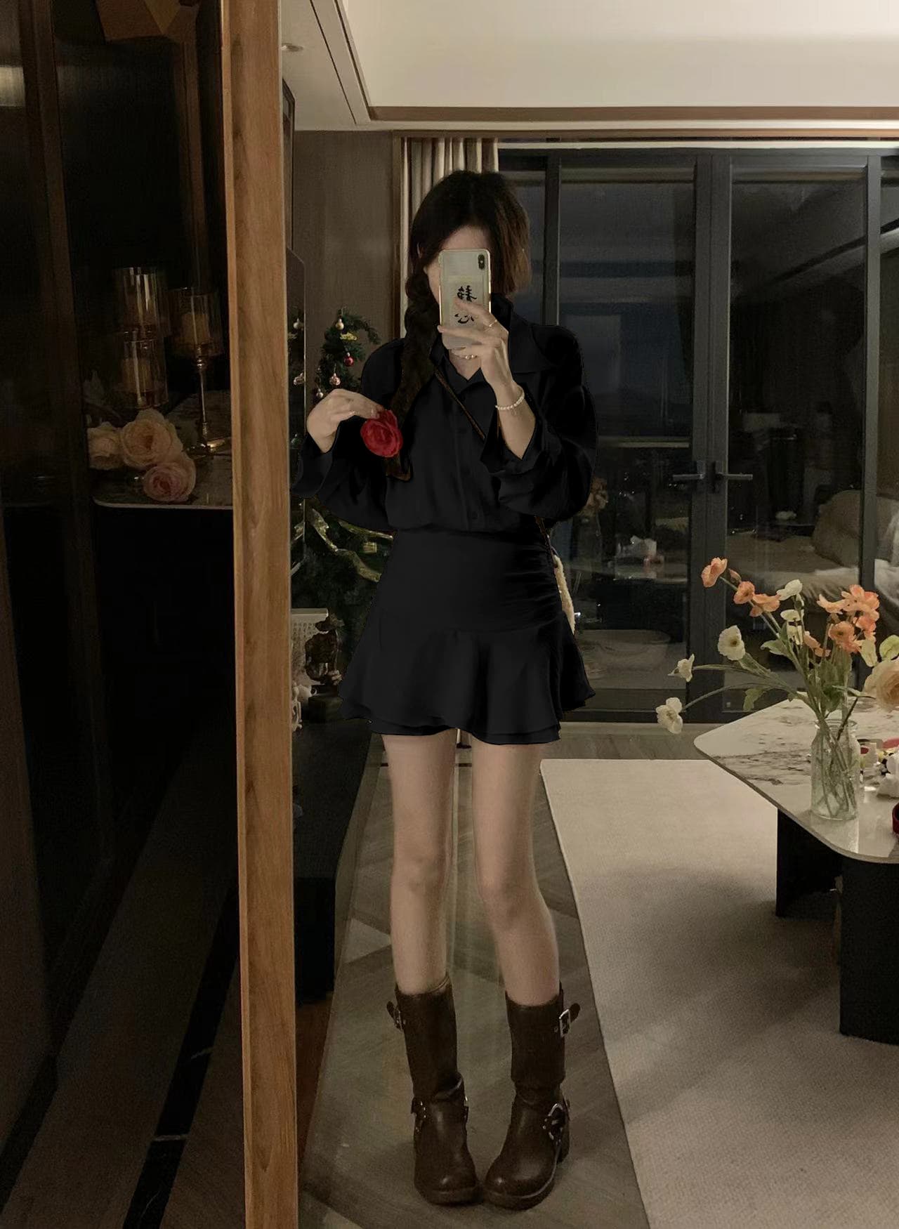 실사 빅 사이즈 chichen 아침 妍 가을의 날 오리엔테이션 저격수 페이크 레이어드 품격 셔츠 드레스 상세 이미지 4