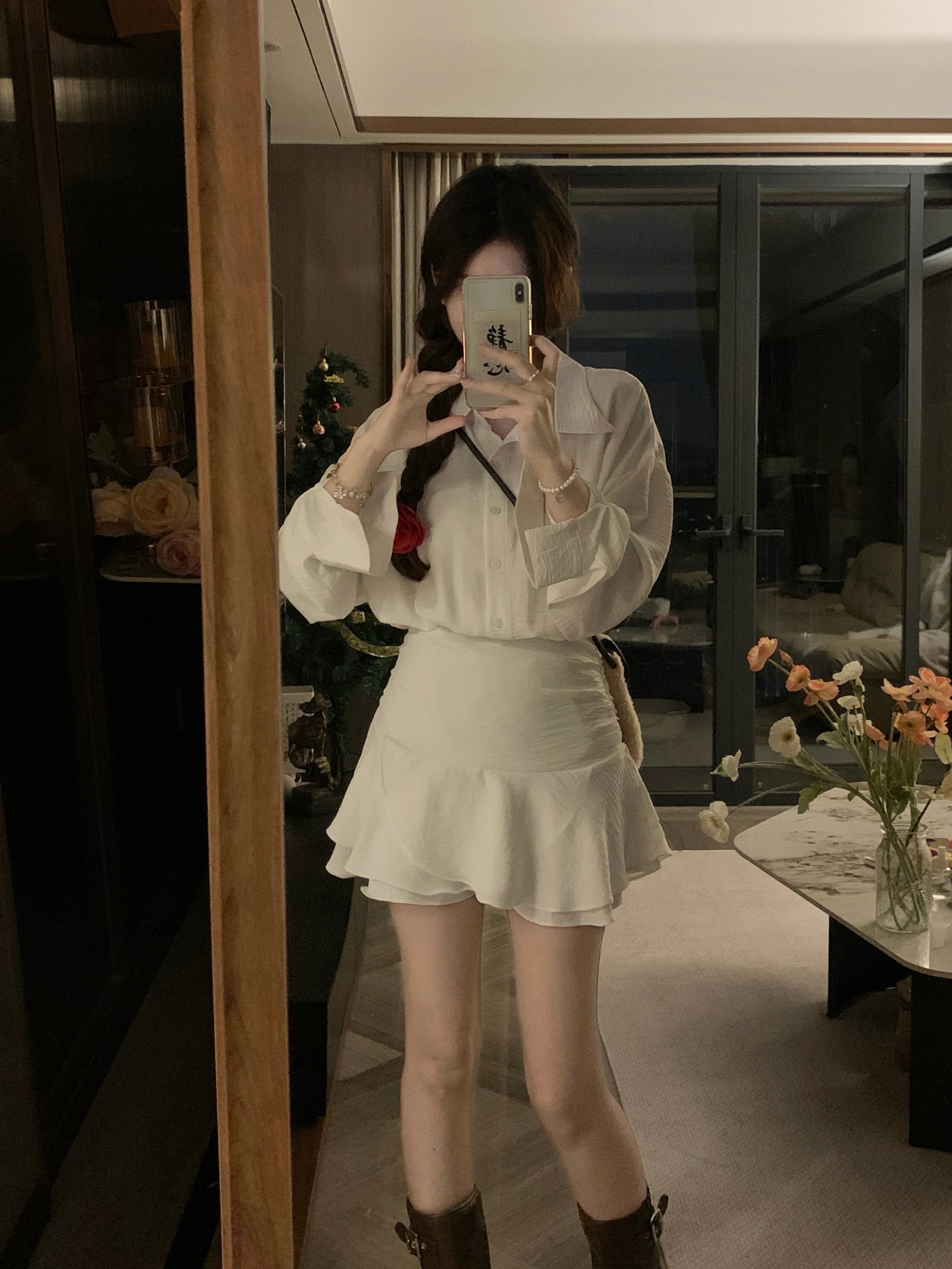 실사 빅 사이즈 chichen 아침 妍 가을의 날 오리엔테이션 저격수 페이크 레이어드 품격 셔츠 드레스 상세 이미지 7
