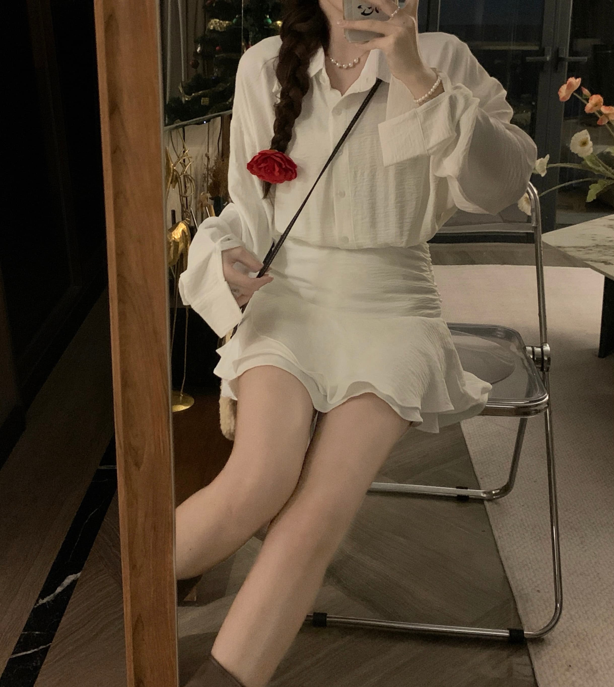 실사 빅 사이즈 chichen 아침 妍 가을의 날 오리엔테이션 저격수 페이크 레이어드 품격 셔츠 드레스 상세 이미지 10
