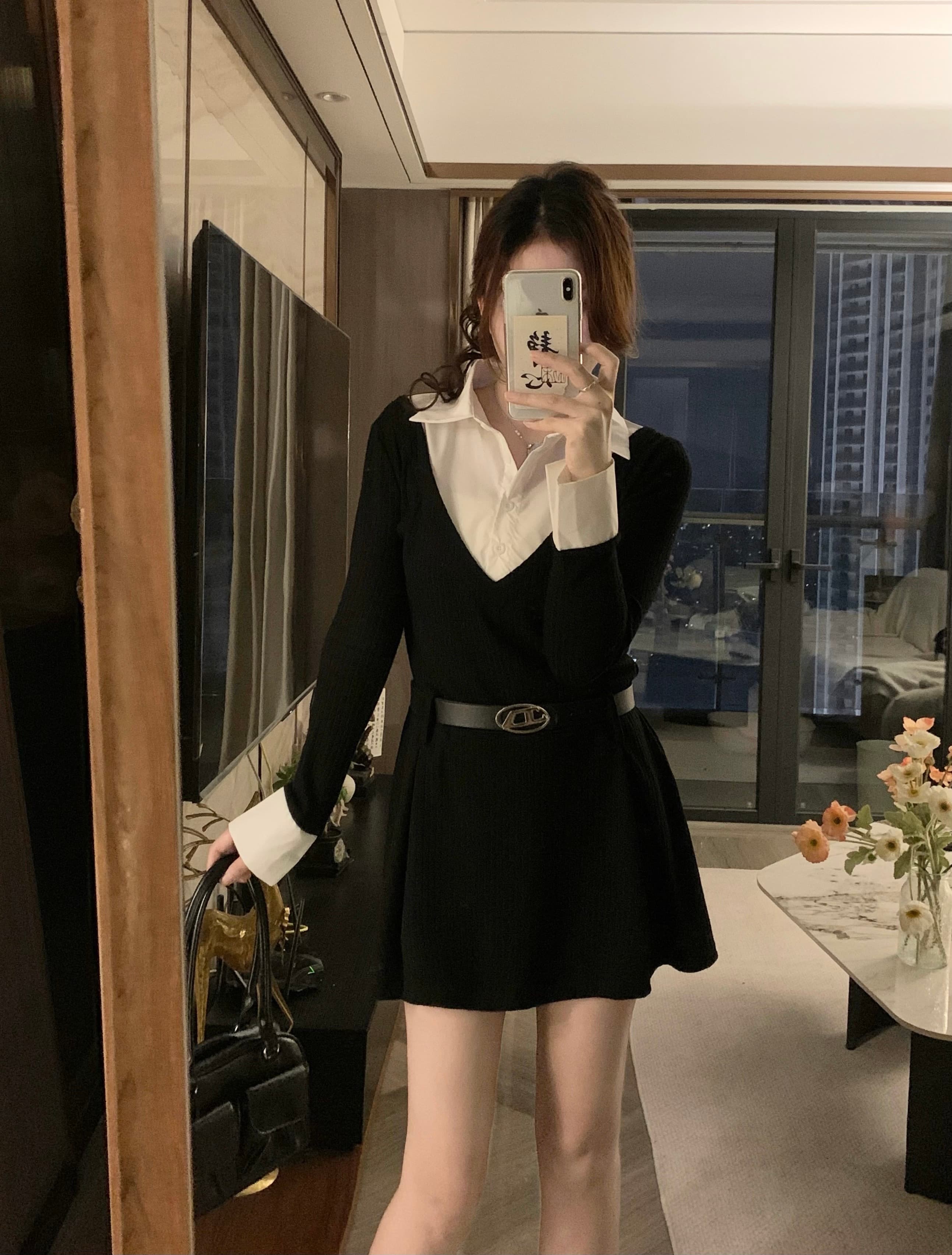 실사 빅 사이즈 새로운 검정색 긴팔 페이크 레이어드 여성 드레스 허리 수축 슬림해 보이는 드레스 보내기 벨트 상세 이미지 1