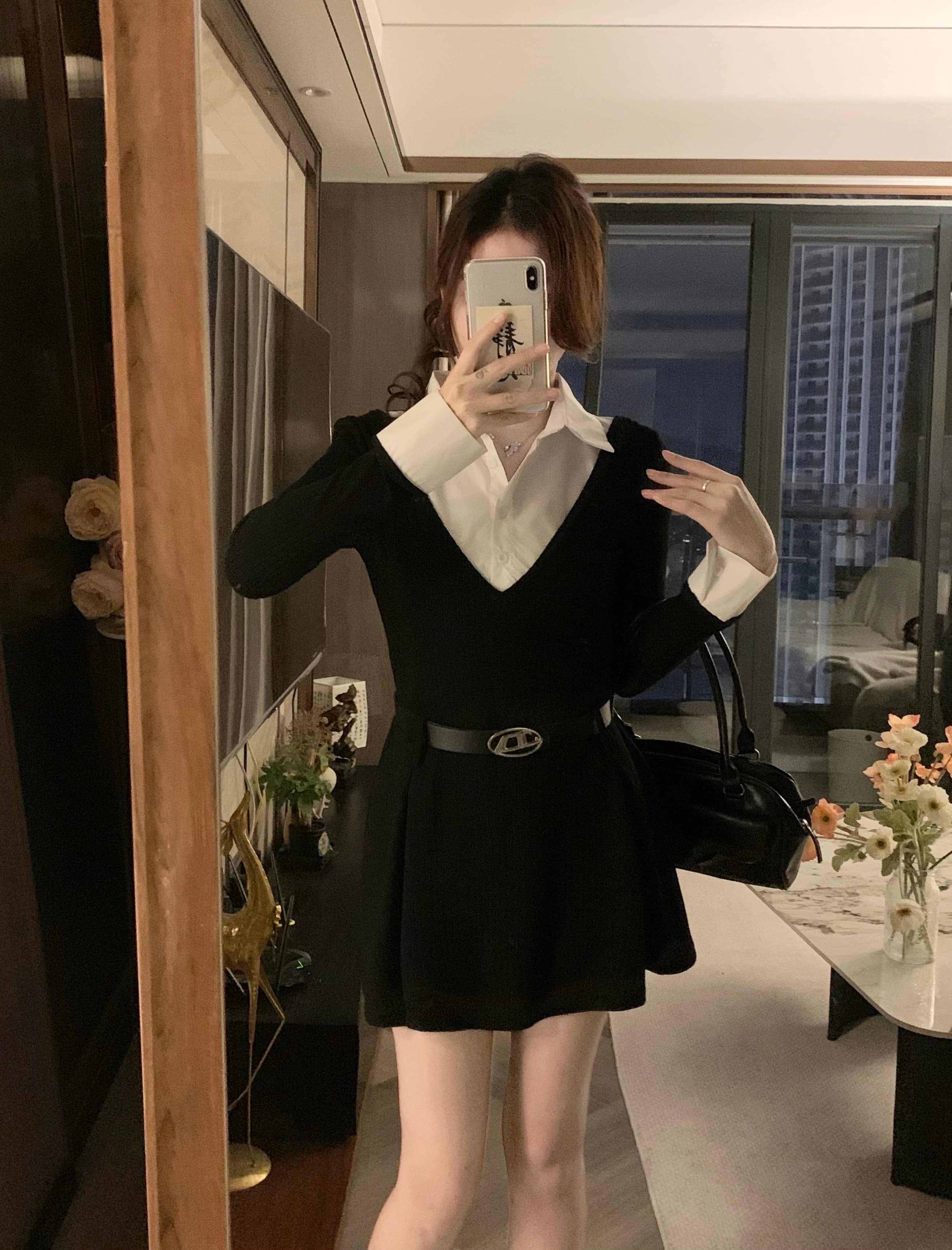 실사 빅 사이즈 새로운 검정색 긴팔 페이크 레이어드 여성 드레스 허리 수축 슬림해 보이는 드레스 보내기 벨트 상세 이미지 2