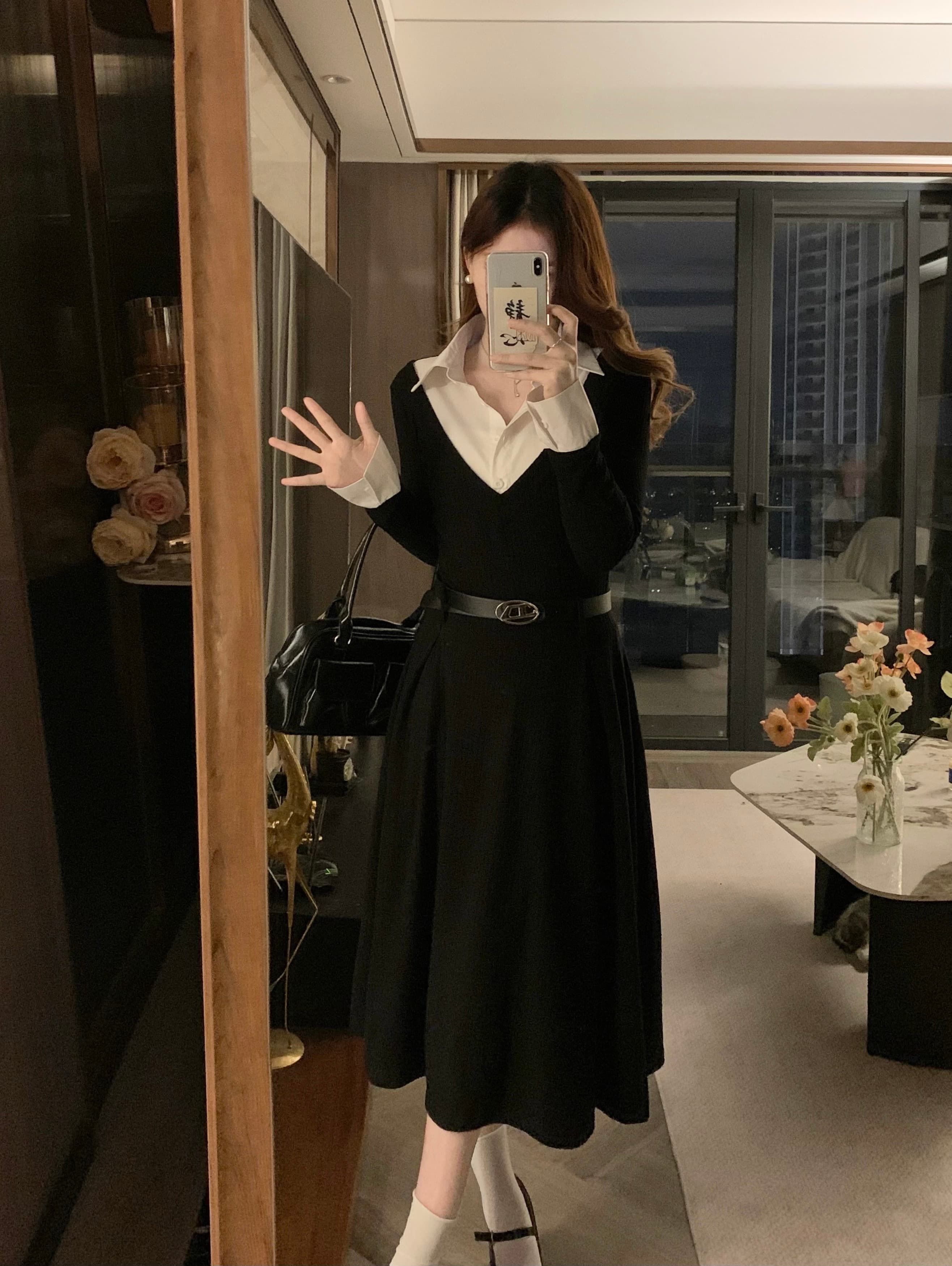 실사 빅 사이즈 새로운 검정색 긴팔 페이크 레이어드 여성 드레스 허리 수축 슬림해 보이는 드레스 보내기 벨트 상세 이미지 14