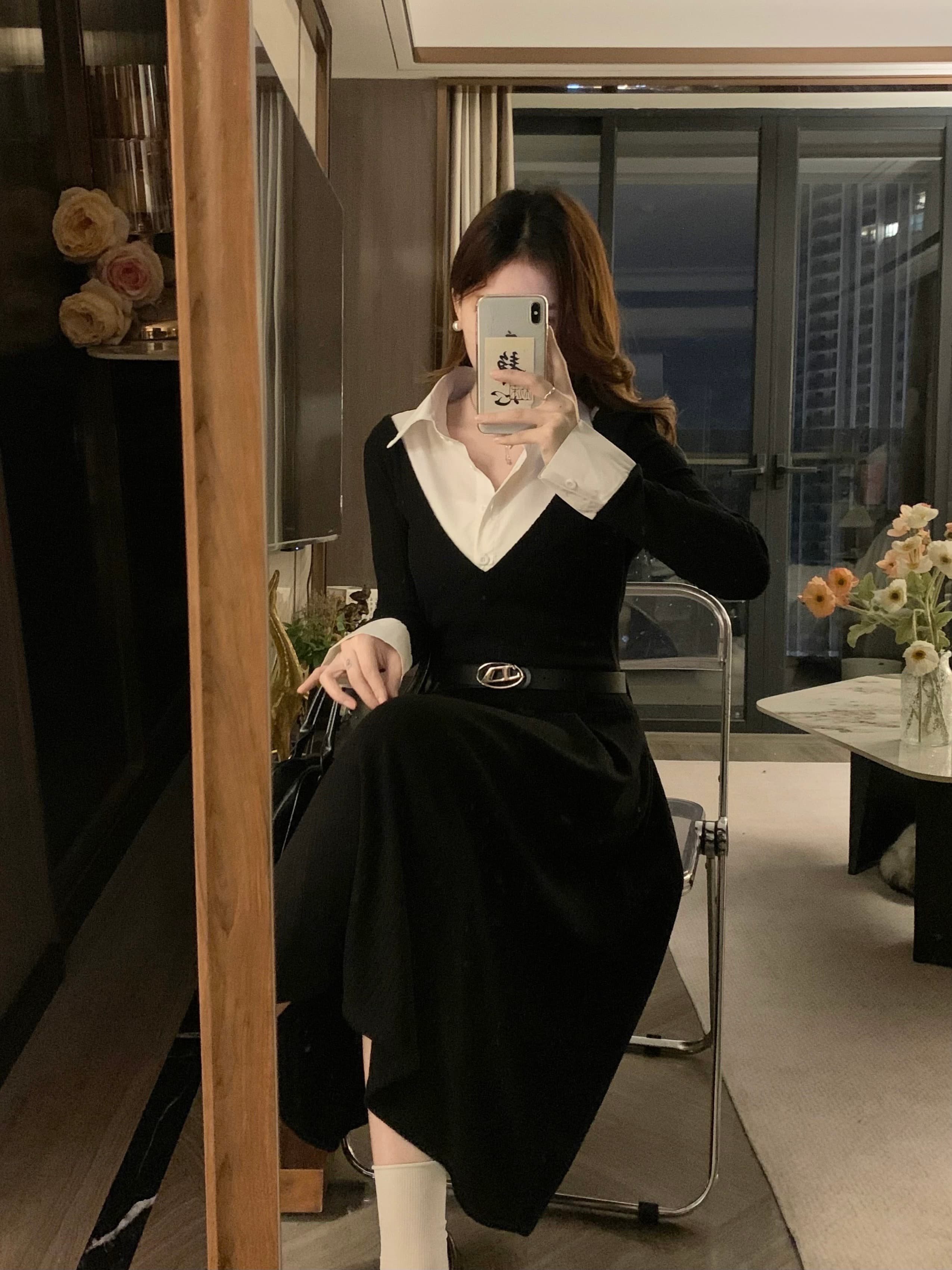 실사 빅 사이즈 새로운 검정색 긴팔 페이크 레이어드 여성 드레스 허리 수축 슬림해 보이는 드레스 보내기 벨트 상세 이미지 15