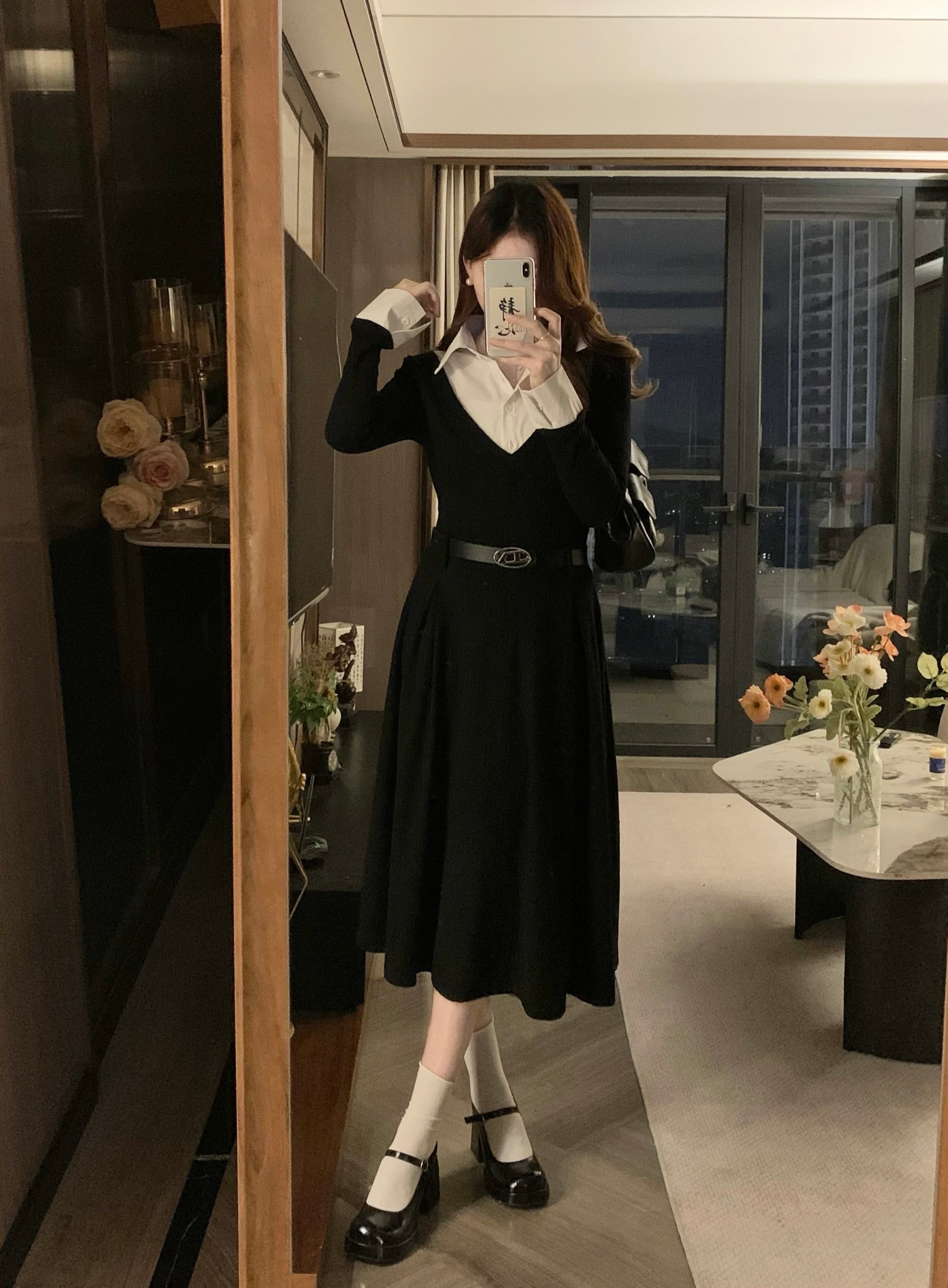 실사 빅 사이즈 새로운 검정색 긴팔 페이크 레이어드 여성 드레스 허리 수축 슬림해 보이는 드레스 보내기 벨트 상세 이미지 19